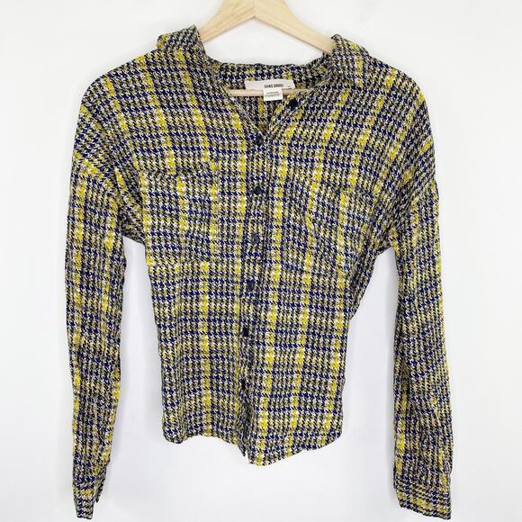 Sans Souci Blue Yellow Houndstooth Button Front Shirt Women's Size Medium M - Picture 1 of 7